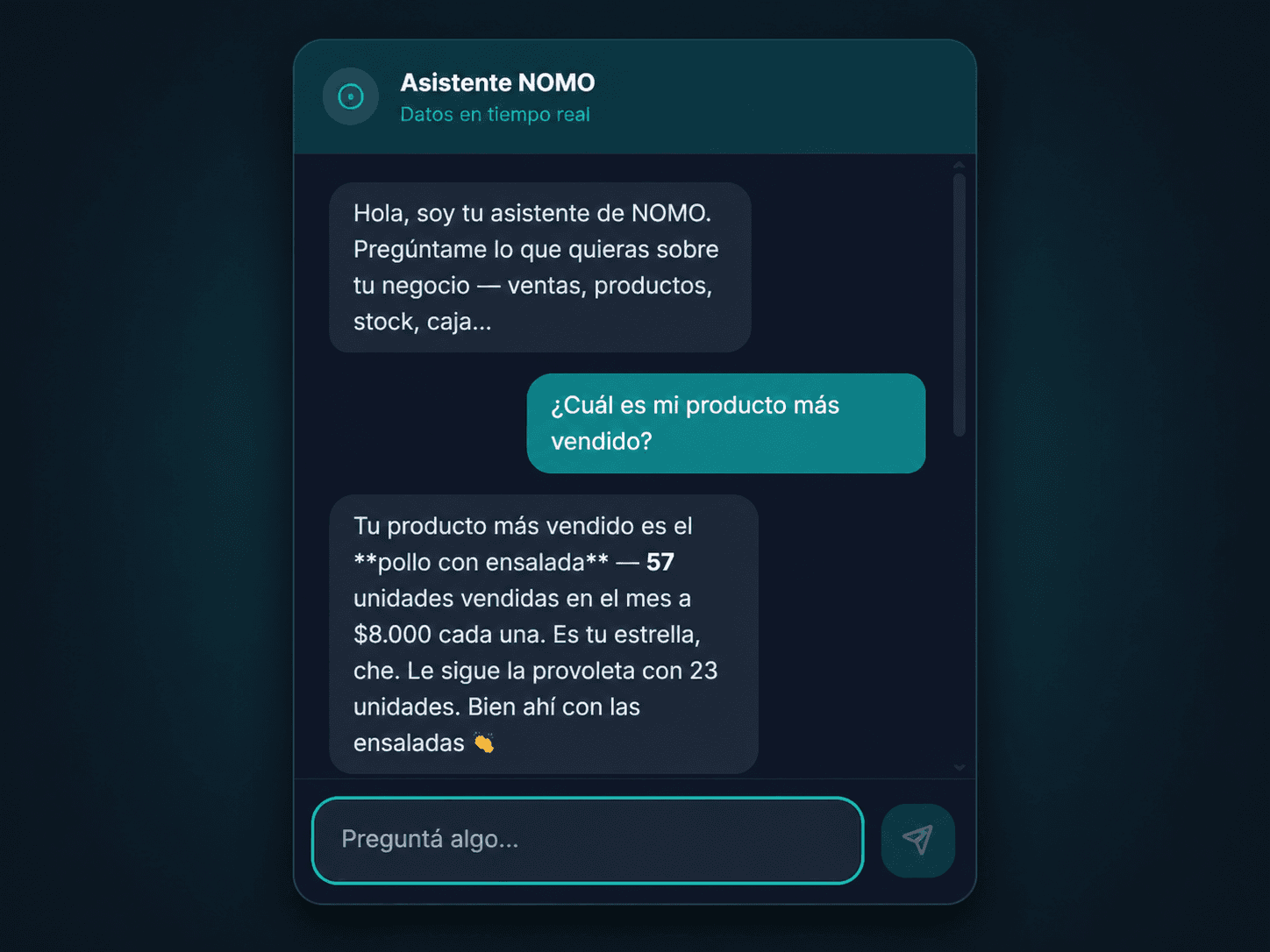 Chat del Asistente NOMO respondiendo en tiempo real qué producto se vende más