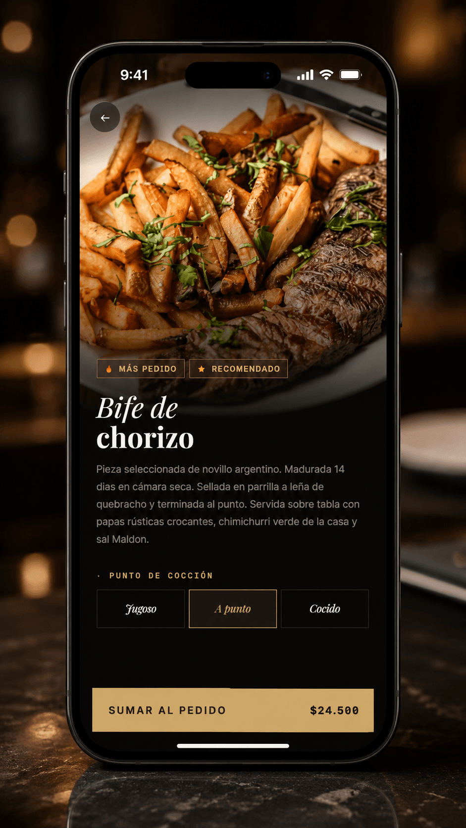 Menú QR del cliente: producto bife de chorizo con foto, modificadores y precio