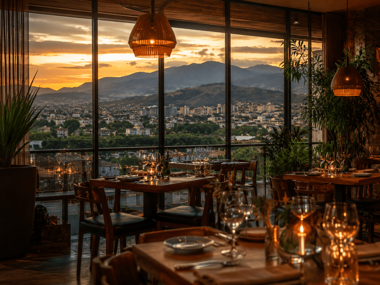 Vista de un restaurante en Jujuy/Córdoba con atardecer sobre las sierras