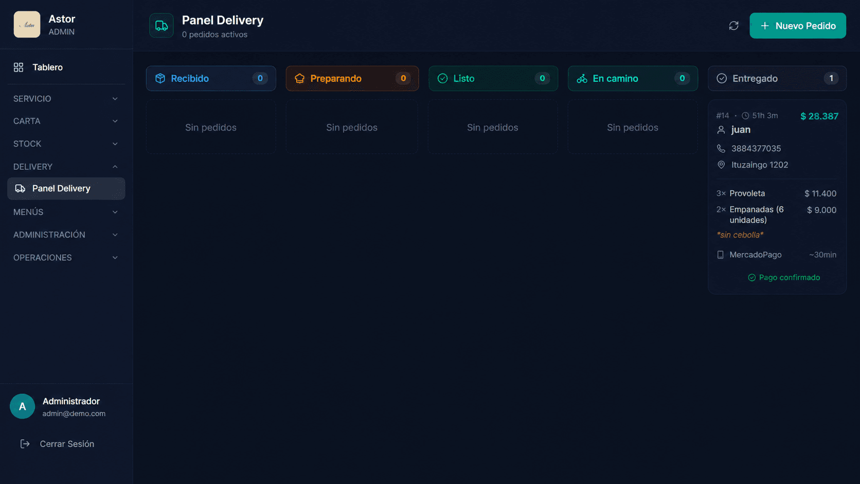 Panel de delivery con kanban de 5 estados y datos del pedido a domicilio
